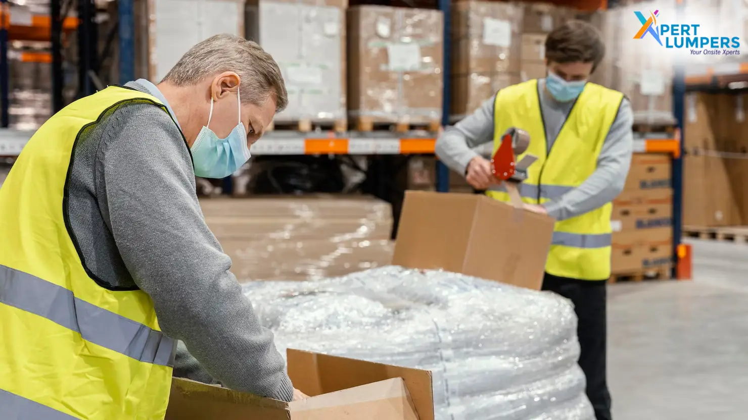 Logistics workers in a Canadian warehouse performing re-palletizing and automated labeling for retail distribution.