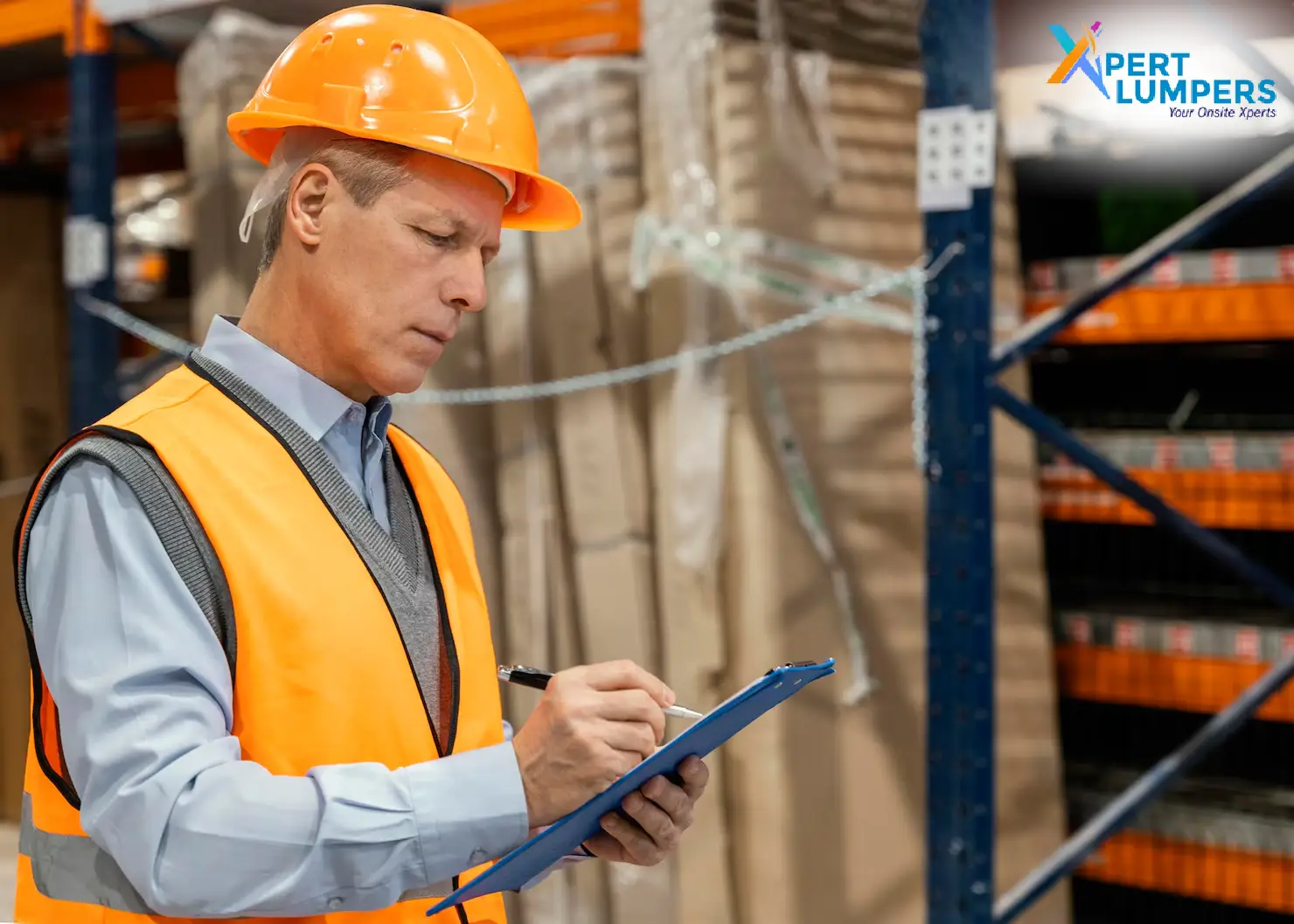 A warehouse manager reviewing a digital checklist while professional lumpers unload a shipping container in a Canadian distribution center.
